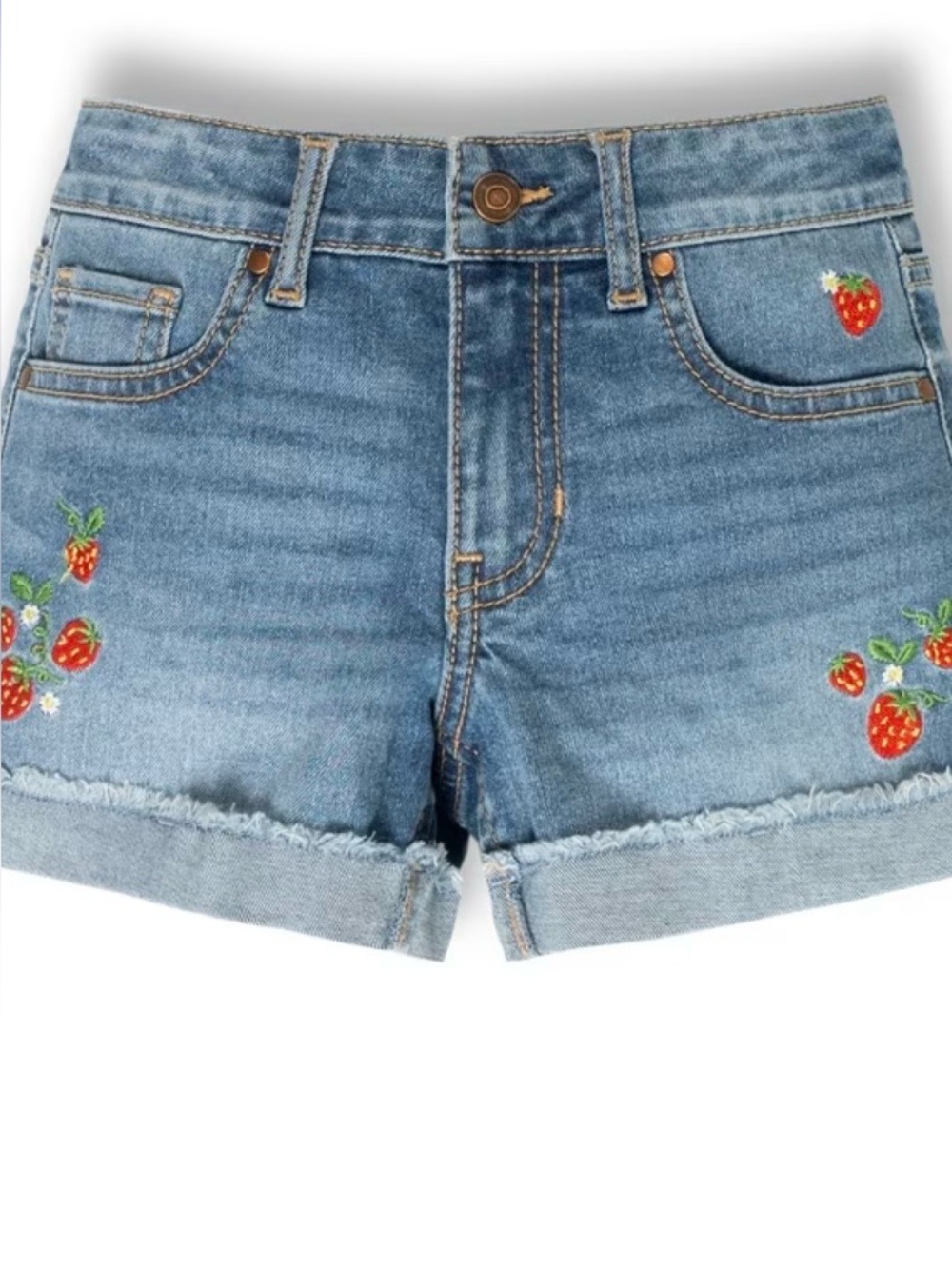 JEAN SHORTS WITH ADORABLE STRAWBERRY EMBROIDERED DETAIL, GIRL SIZE 18